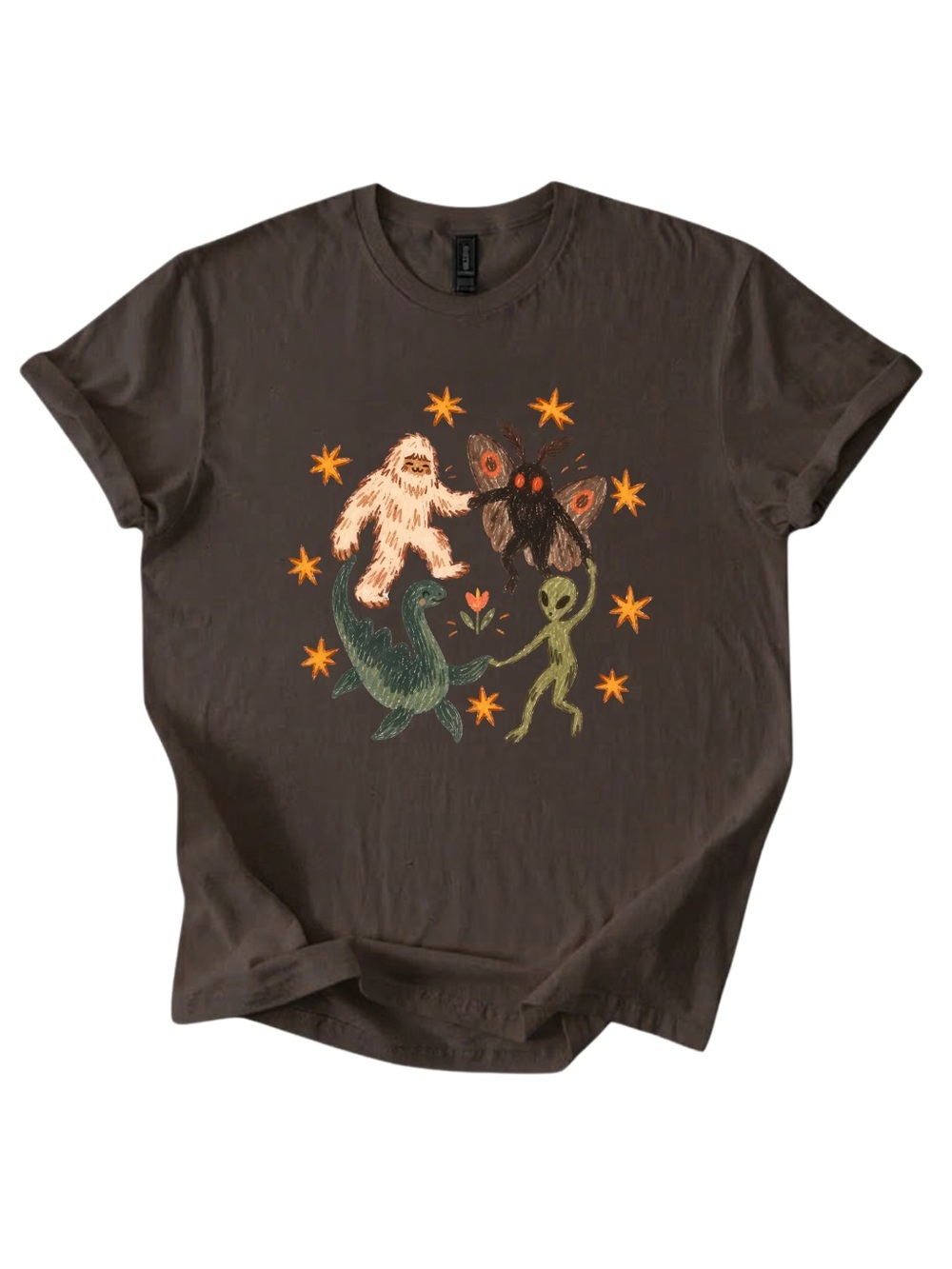 Gildan Brown Graphic Tee with Friendly Monster Design
